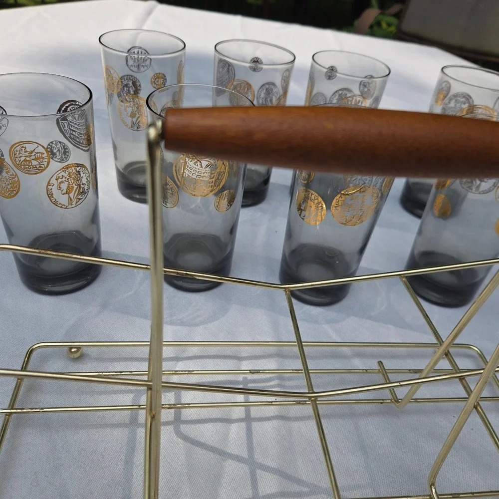 Vtg Highball Glasses Set 8 clear + Smoky Grey Gold Roman Coin MCM Barware Caddy